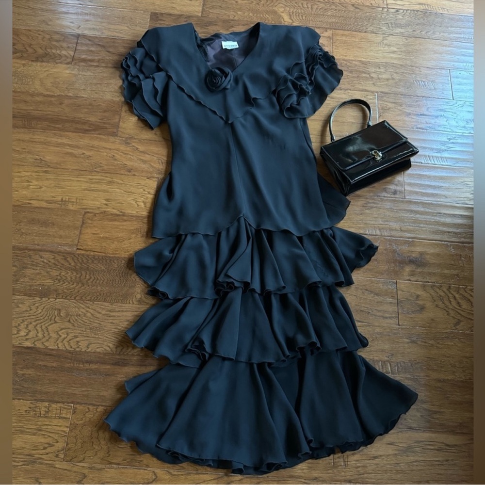 Vintage After Dark Black Ruffle Maxi‎ Dress